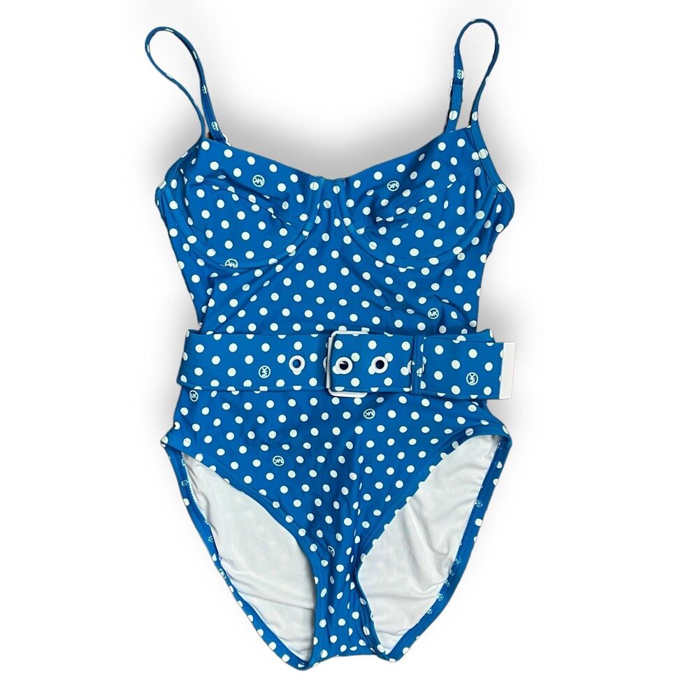 Michael Kors Swimsuit 6 Blue Polka Dot Belted Underwire One Piece‎ Retro Resort